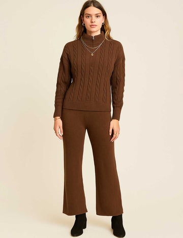 Ladies Cable Knit Zipper Collar Sweater Top & Pants Set