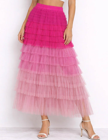 Ladies Chic Multicolor Tiered Ruffle Mesh Midi Skirt