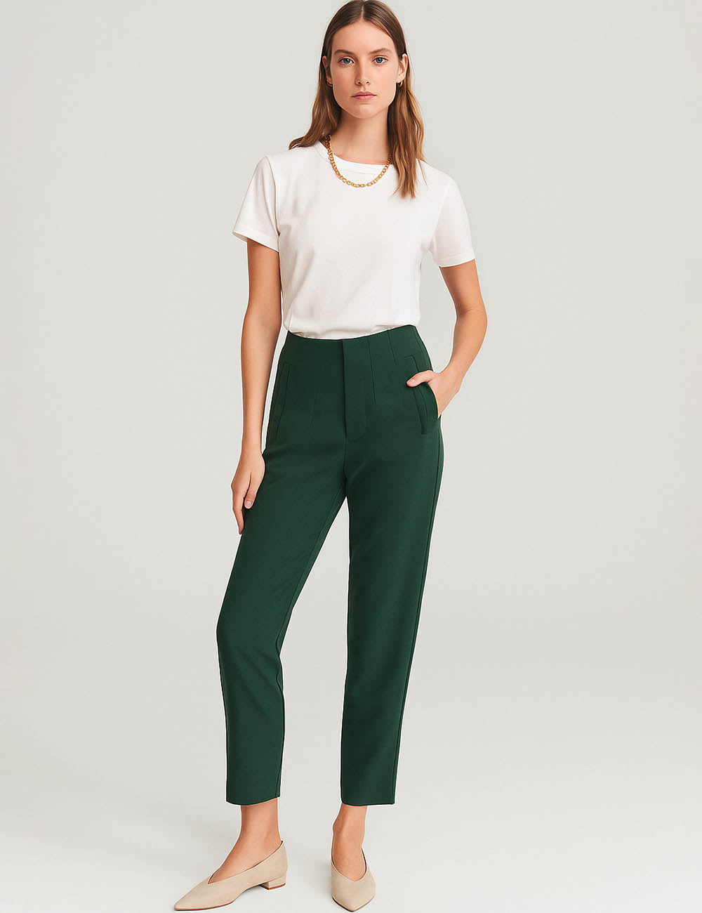 Ladies Solid Color Tailored Straight Leg Pants