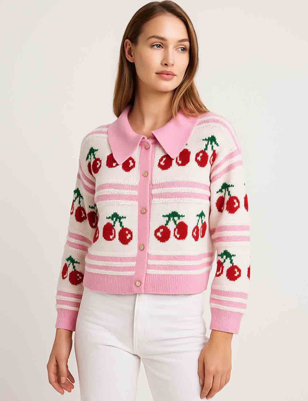 Ladies Cherry Pattern Turndown Collar Striped Knit Cardigan