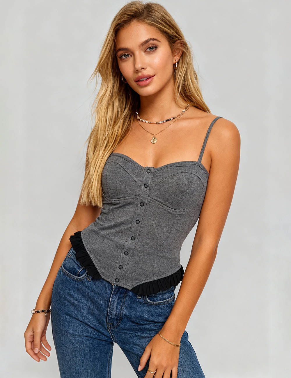 Ladies Color Block Ruffle Hem Padded Corset Cami Top