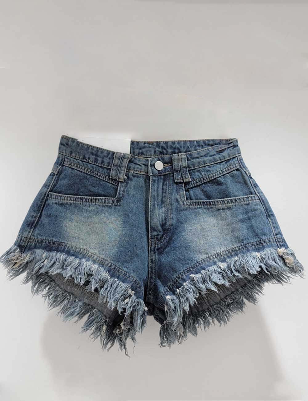 Ladies Solid Color Pocket Frayed Denim Shorts