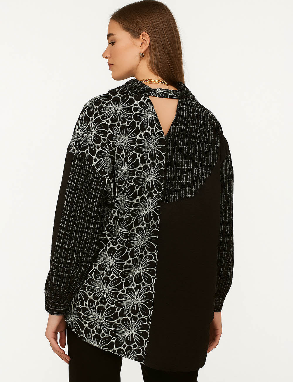 Ladies Plaid Jacket Floral Embroidery Turn Down Shirt