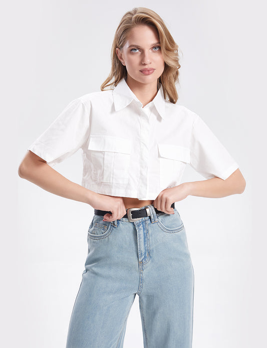 Ladies Short Sleeves Pockets Basic White Crop Shirt SKT283