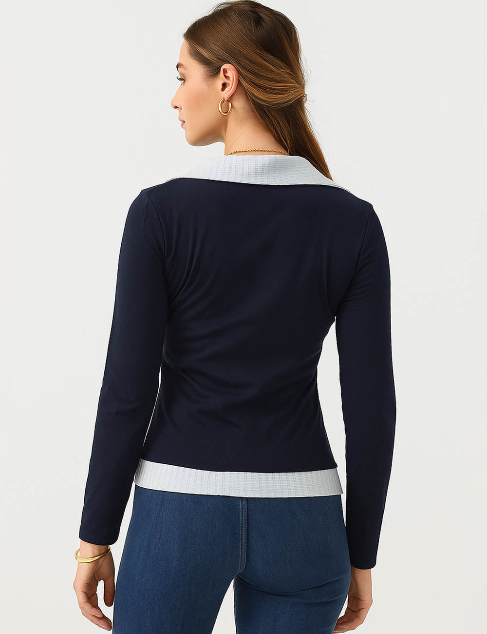 Ladies Wrinkle Shirt Collar Long Sleeves Faux 2PCS Top