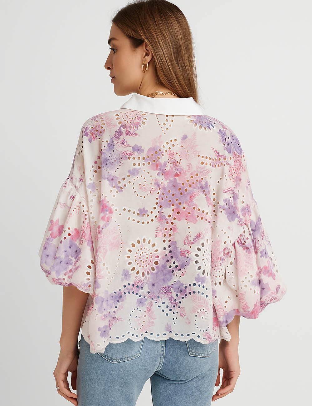 Ladies Eyelet Floral Print Short Sleeves Shirt JT5502