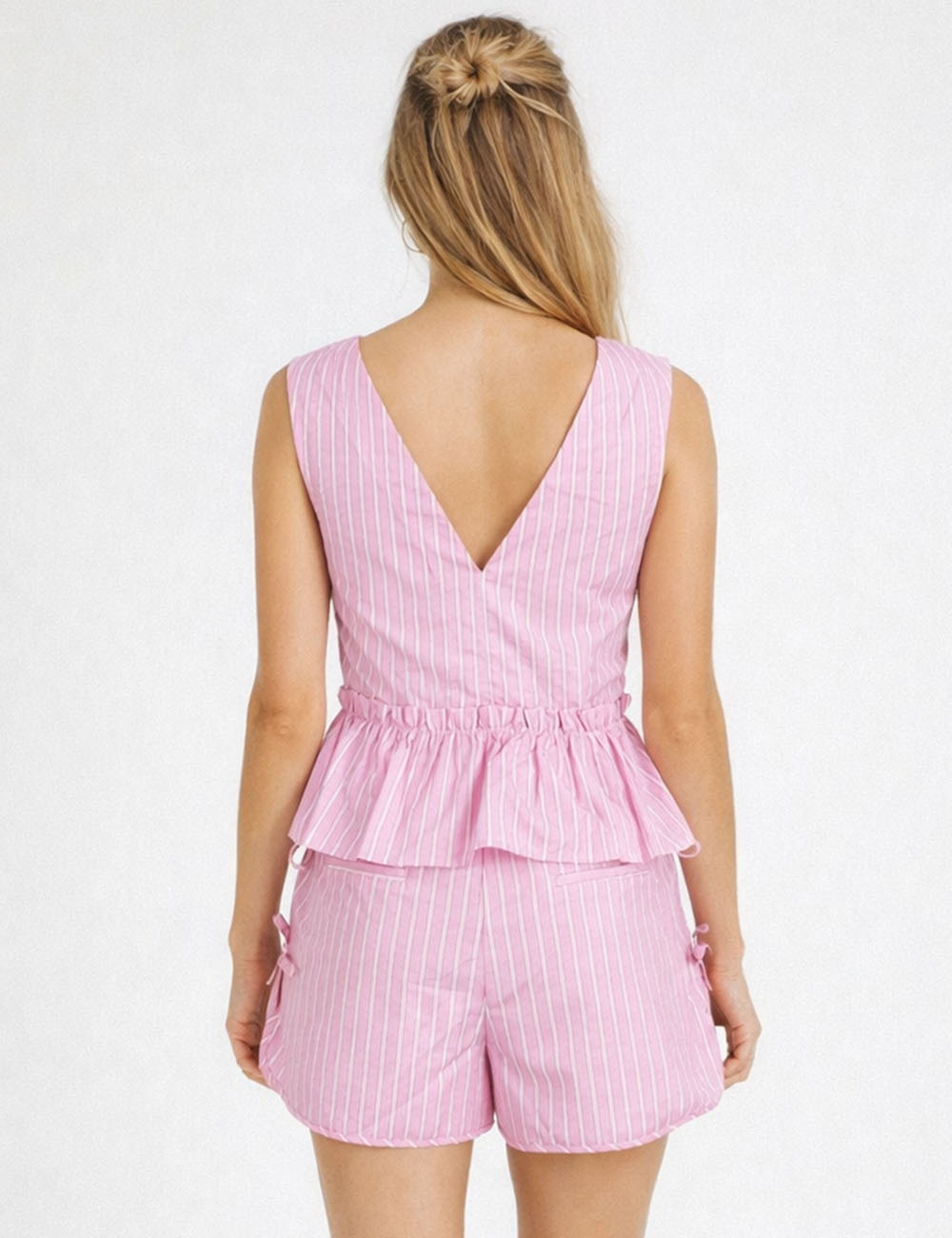 Ladies Bow Tie V-Neck Striped Top & Shorts Matching Set