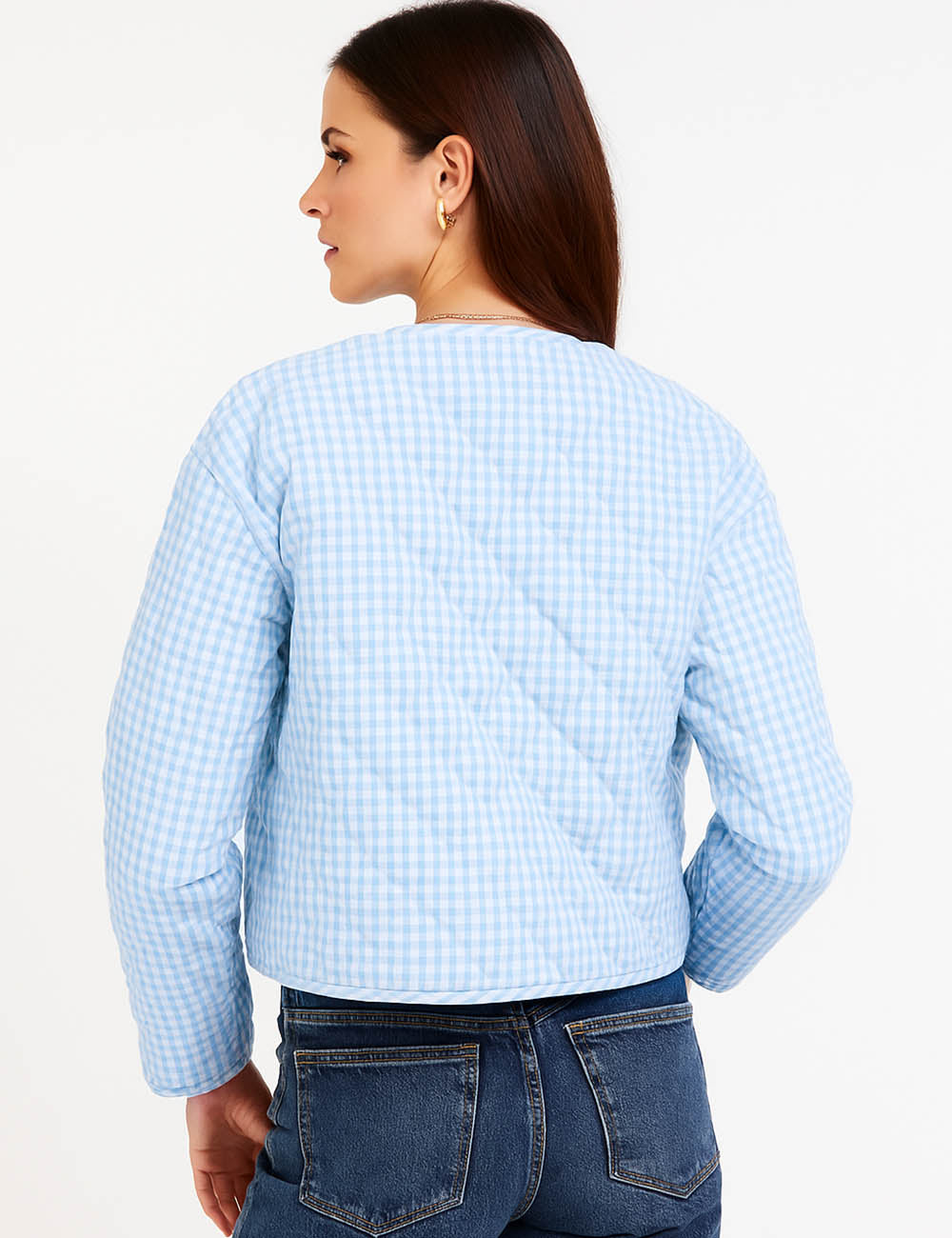 Ladies Plaid Print Tie Front Round Neck Quilted Cotton Jacket