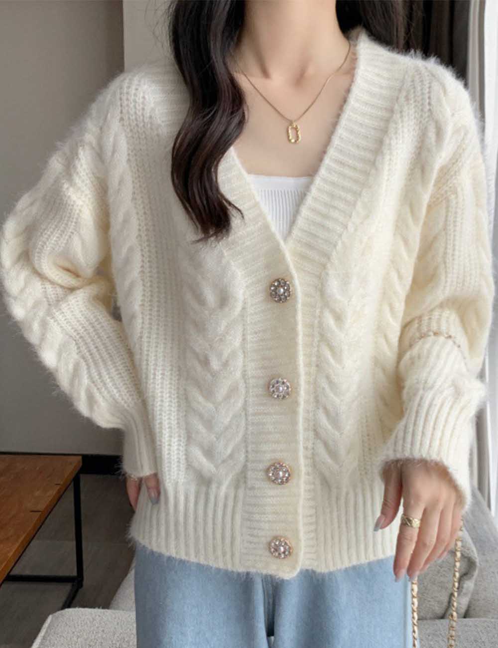 Ladies V-Neck Rainbow Button Long Sleeves Cable Cardigan Sweater