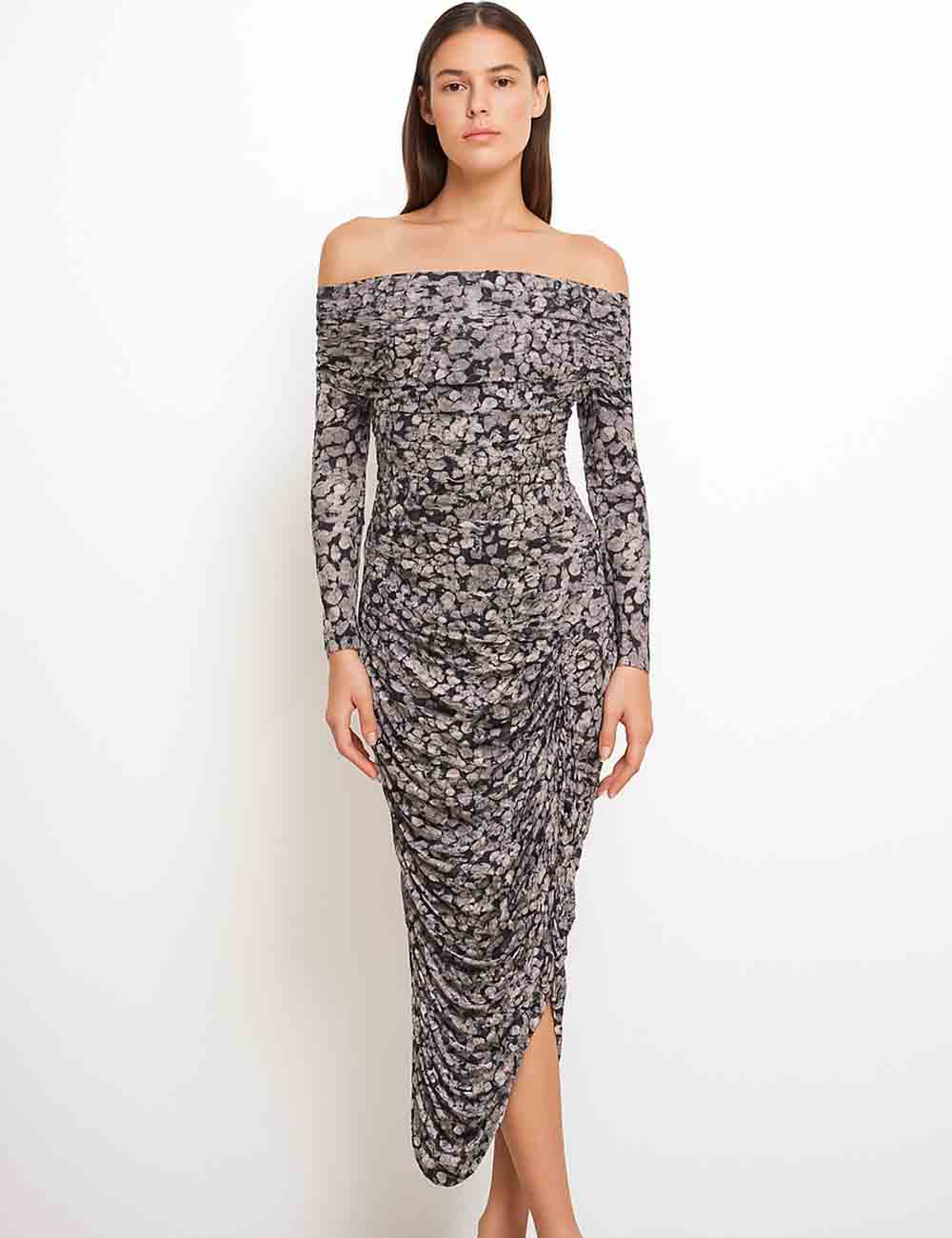 Ladies Floral Print Off-Shoulder Wrinkle Mesh Maxi Dress