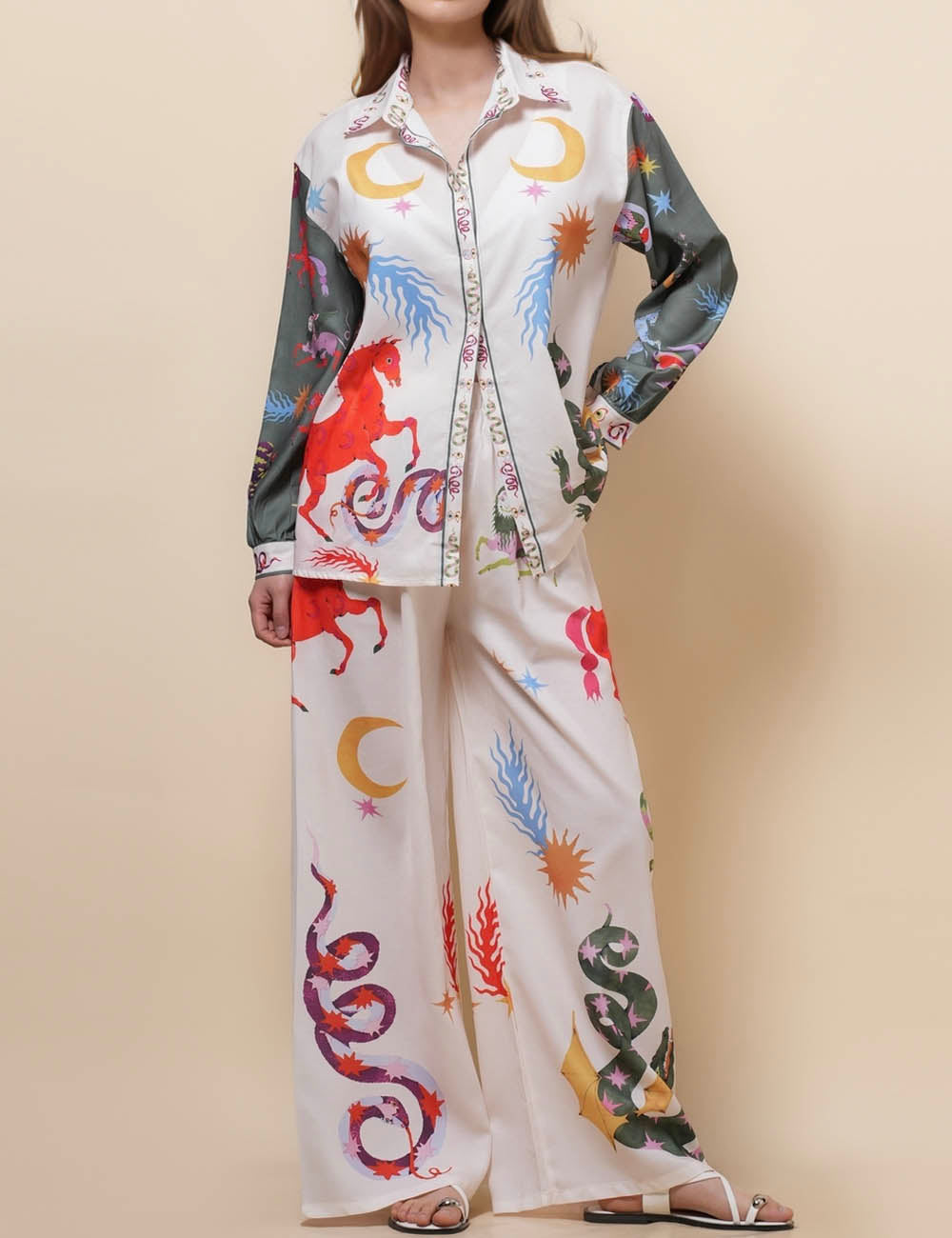 Ladies Turndown Collar Print Shirt & Pants Set SKST50344