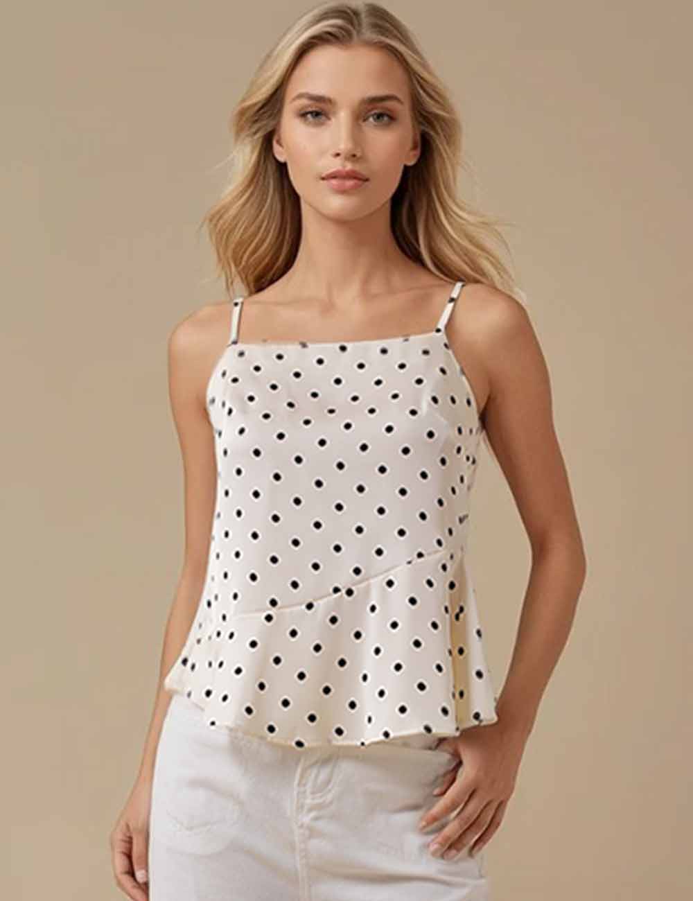 Ladies Color Block Polk Dot Back Tie Cami Top