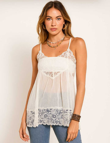 Ladies See Sheer Lace String Shoulder Cami Top SKT5M6