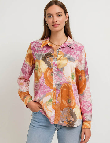 Ladies Floral Print Blouse Button Down Long Sleeves Shirt