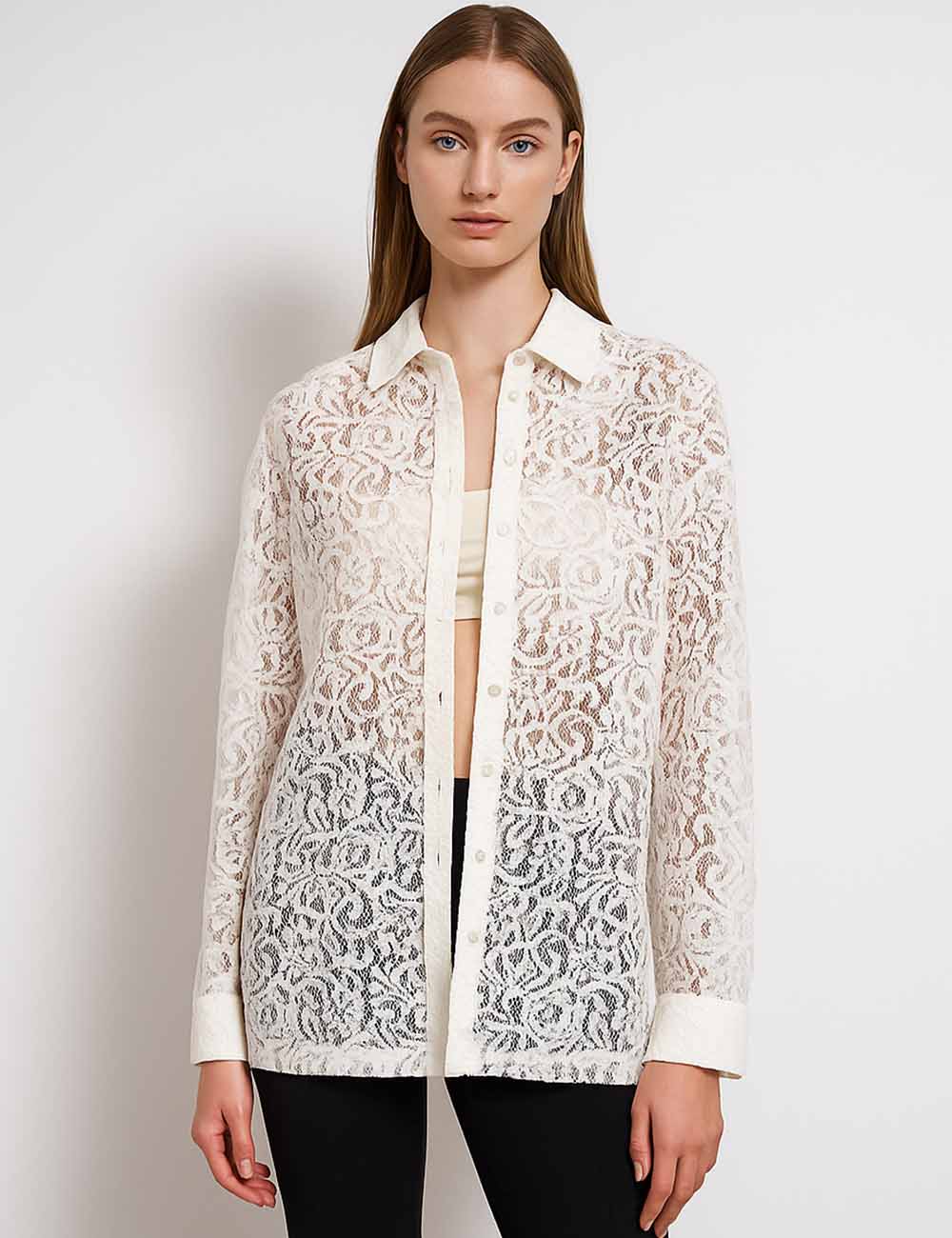 Ladies Turndown Collar Button Floral Lace Shirt