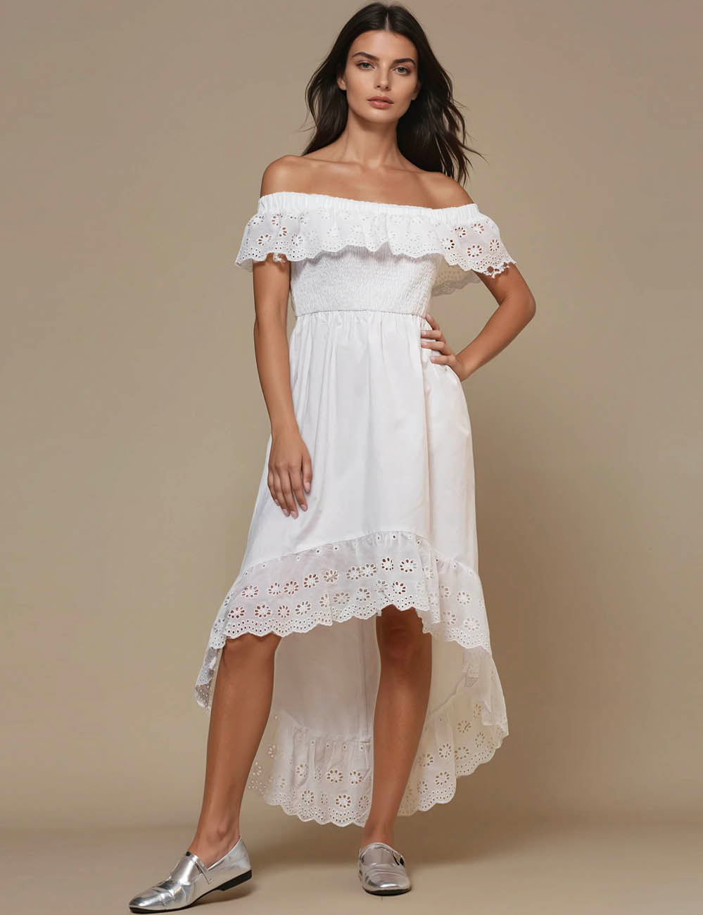 Ladies Off-Shoulder Floral Eyelet Midi Dress SKD50298