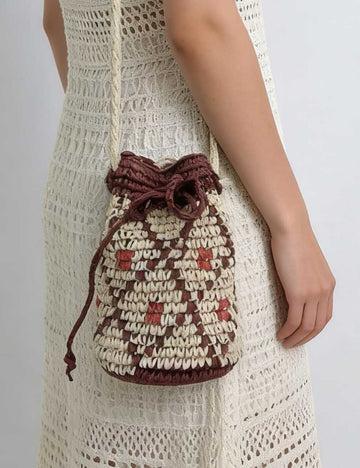 Ladies Boho Woven Straw Drawstring Bucket Shoulder Bag