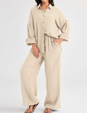 Ladies Solid Color Button Down Long Sleeves Shirt & Pants Set
