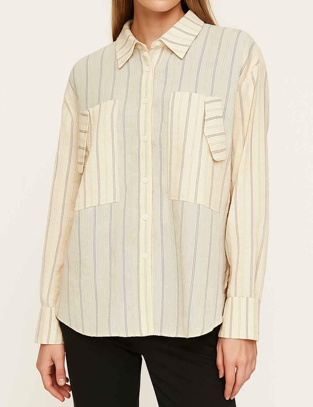 Ladies Multicolor Striped Turndown Collar Shirt