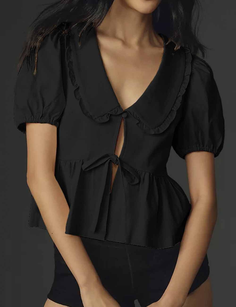 Ladies Doll Collar Puff Sleeves Polka Dot Top