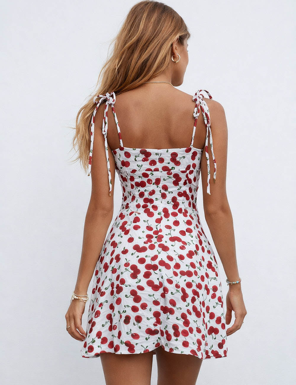 Ladies Cherry Print Sweetheart Neck Tie Strap Cami Mini Dress