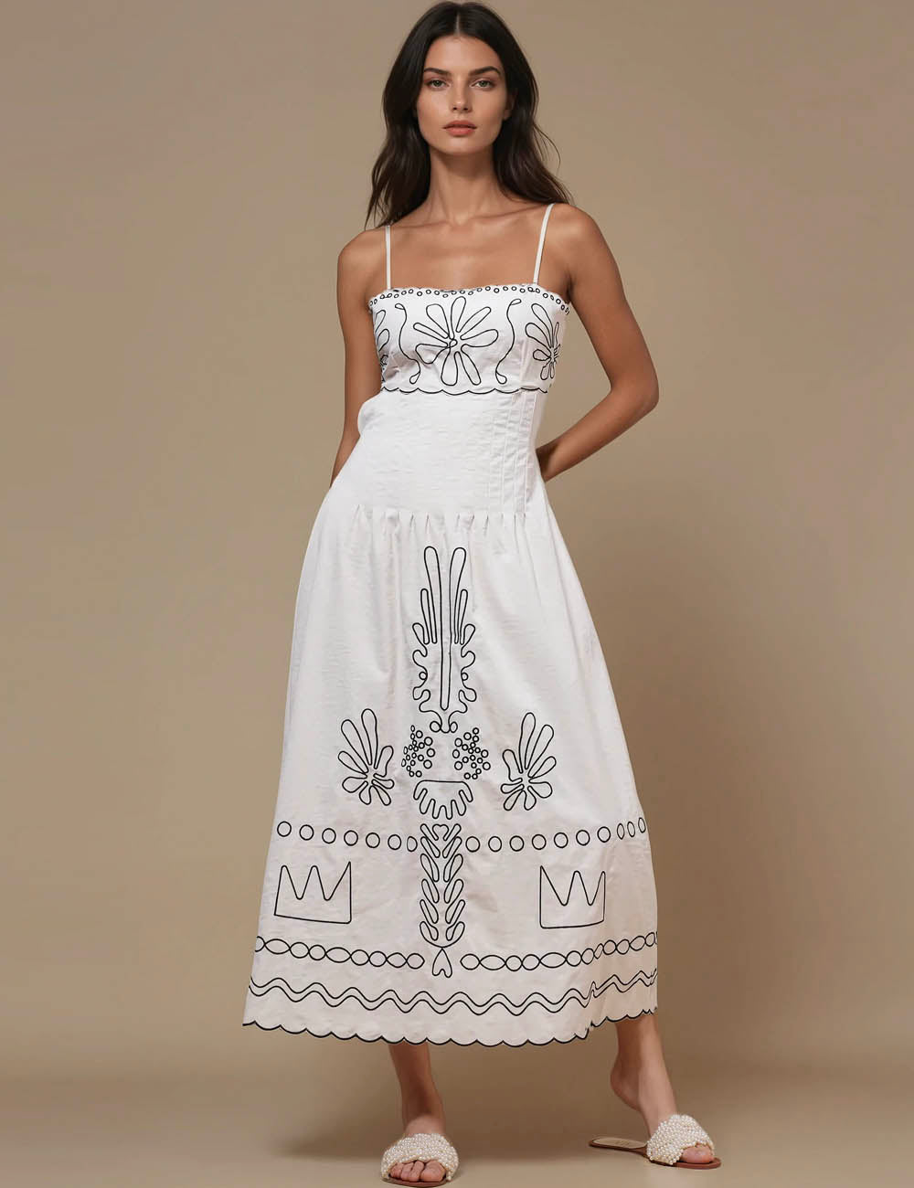 Ladies Flower Embroidery Sleeveless Midi Dress SKD50206