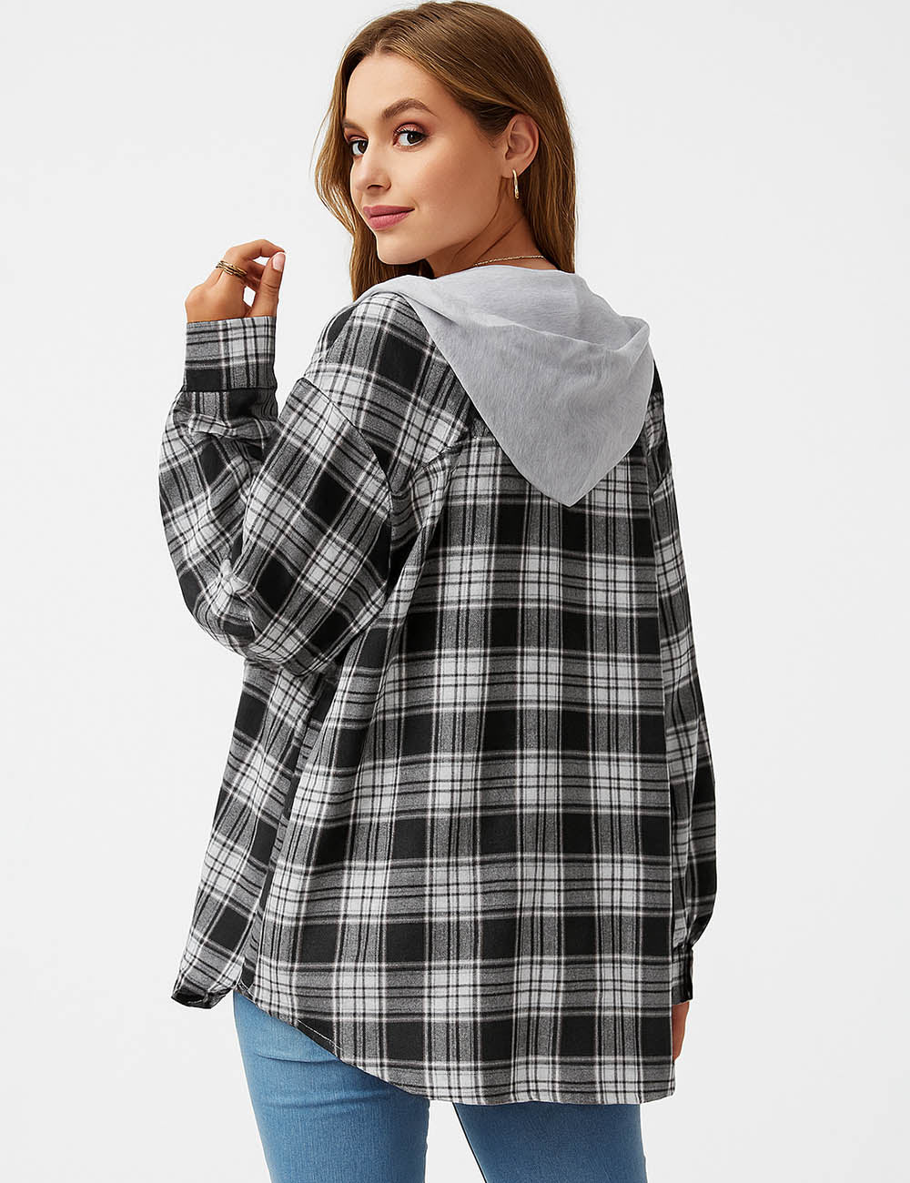 Ladies Plaid Hooded Collar Drawstring Button Down Shirt