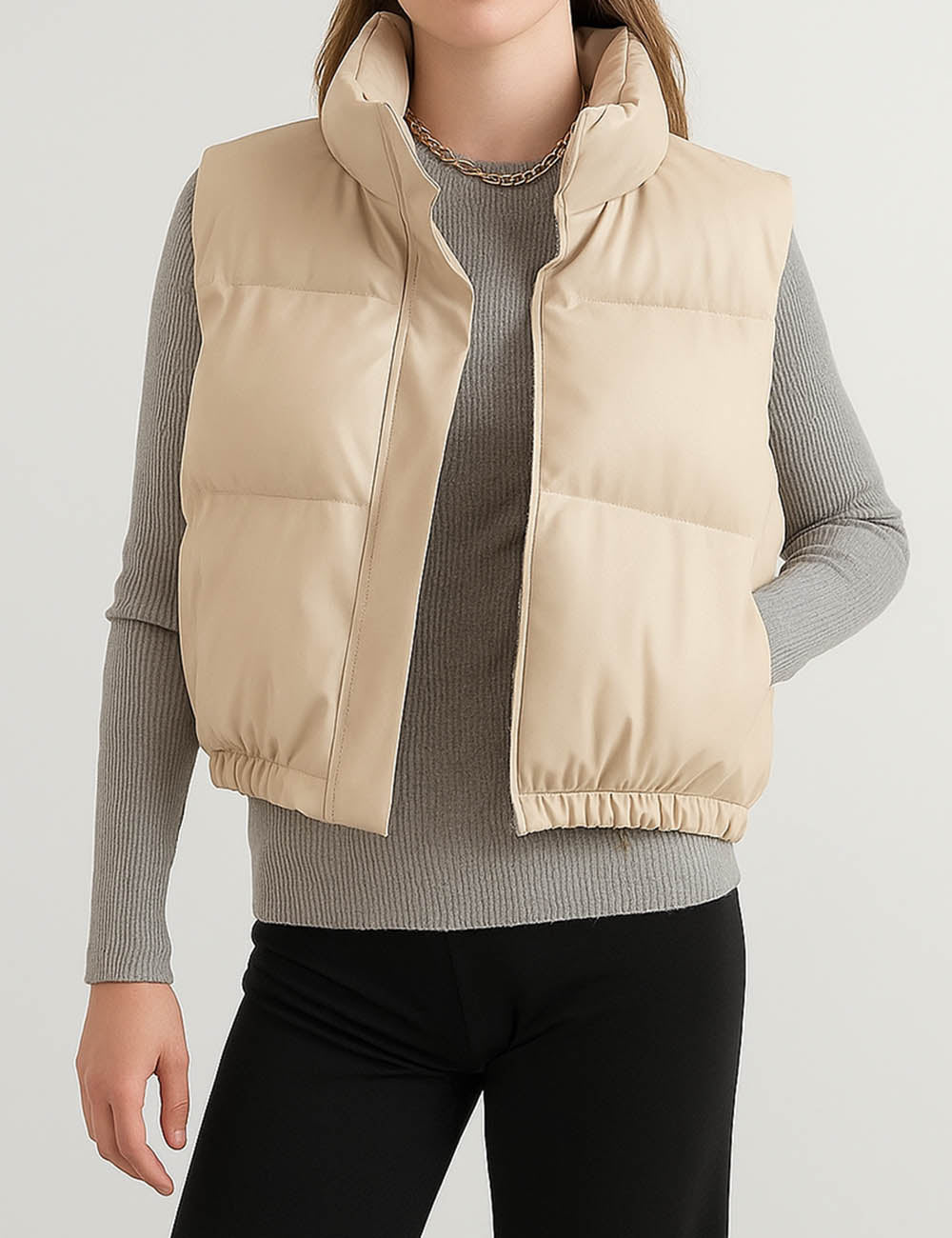 Ladies PU Leather Sleeveless Jacket Stand Collar Padded Vest