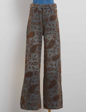 Ladies Flocked Paisley Jacquard Button Waist Wide Leg Denim Pants