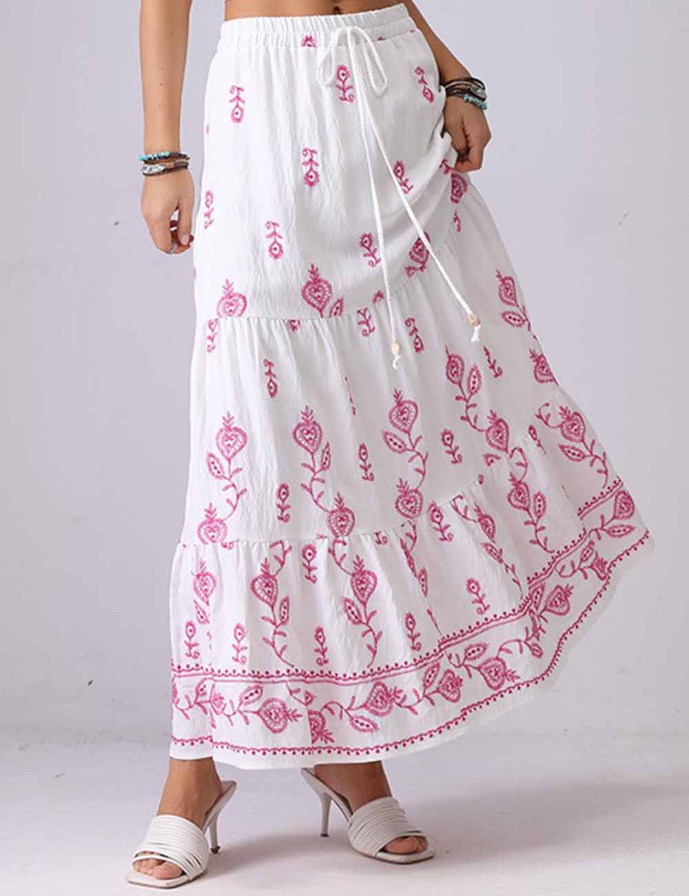 Ladies Color Block Floral Embroidery Lace Up Maxi Skirt