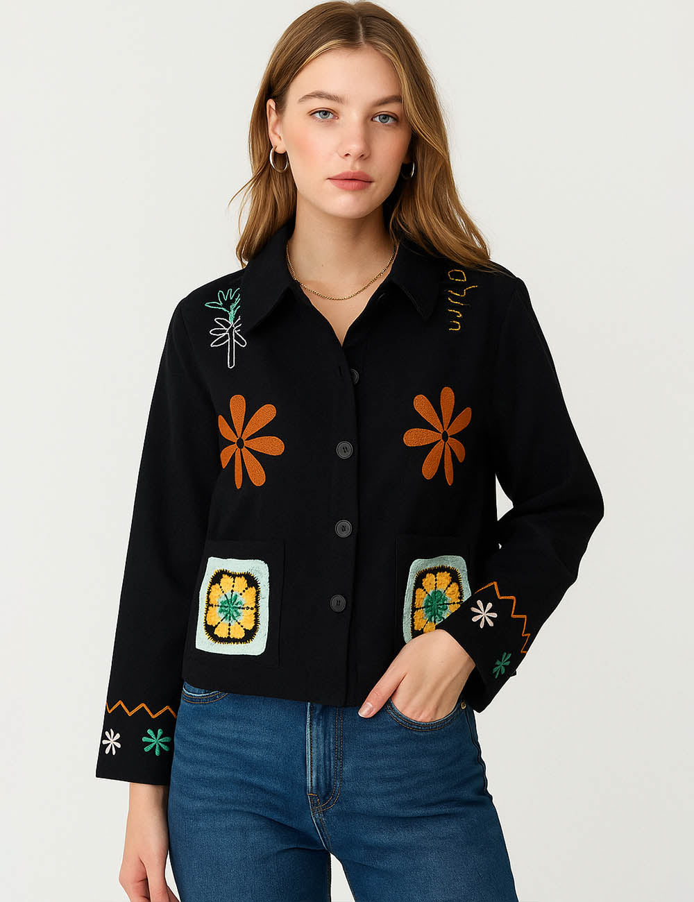 Ladies Vintage Floral Embroidery Shirt Button Down Jacket
