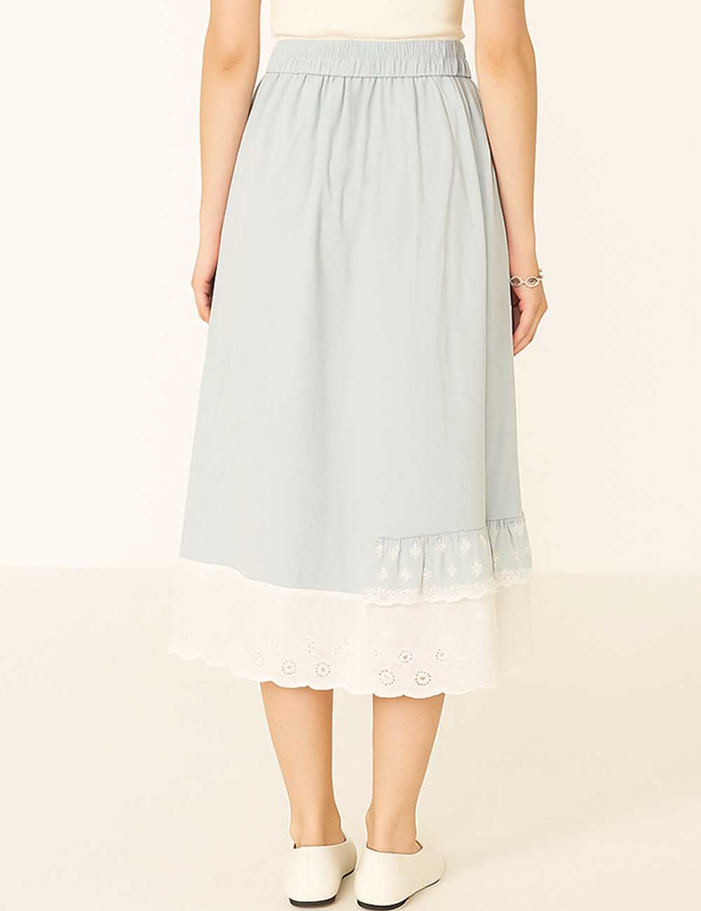 Ladies Floral Embroidery Lace Splice Scalloped Midi Skirt