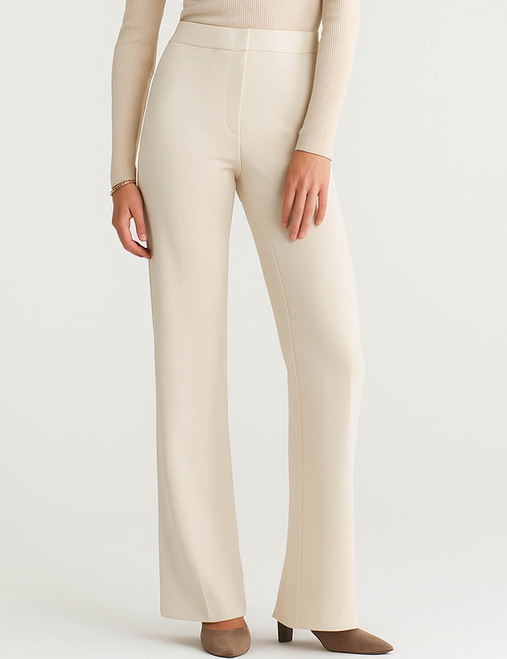 Ladies Solid Color Button Waist Straight Leg Pants