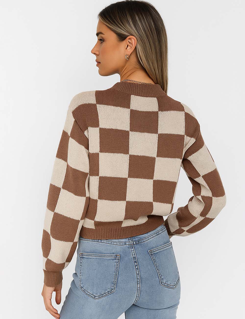 Ladies Checked Round Neck Long Sleeves Knit Sweater