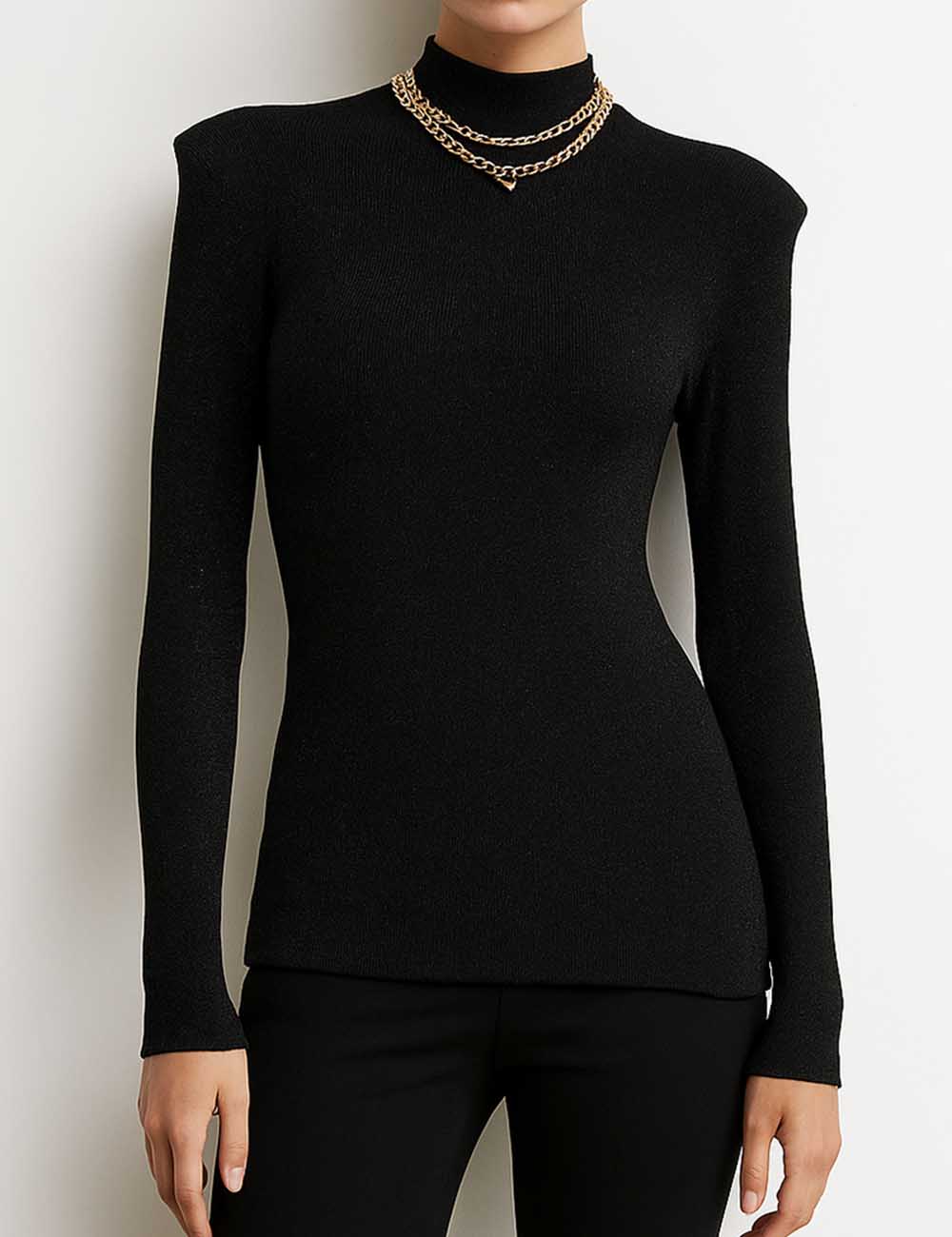 Ladies Shiny Turtleneck Shoulder Pad Knit Layering Top