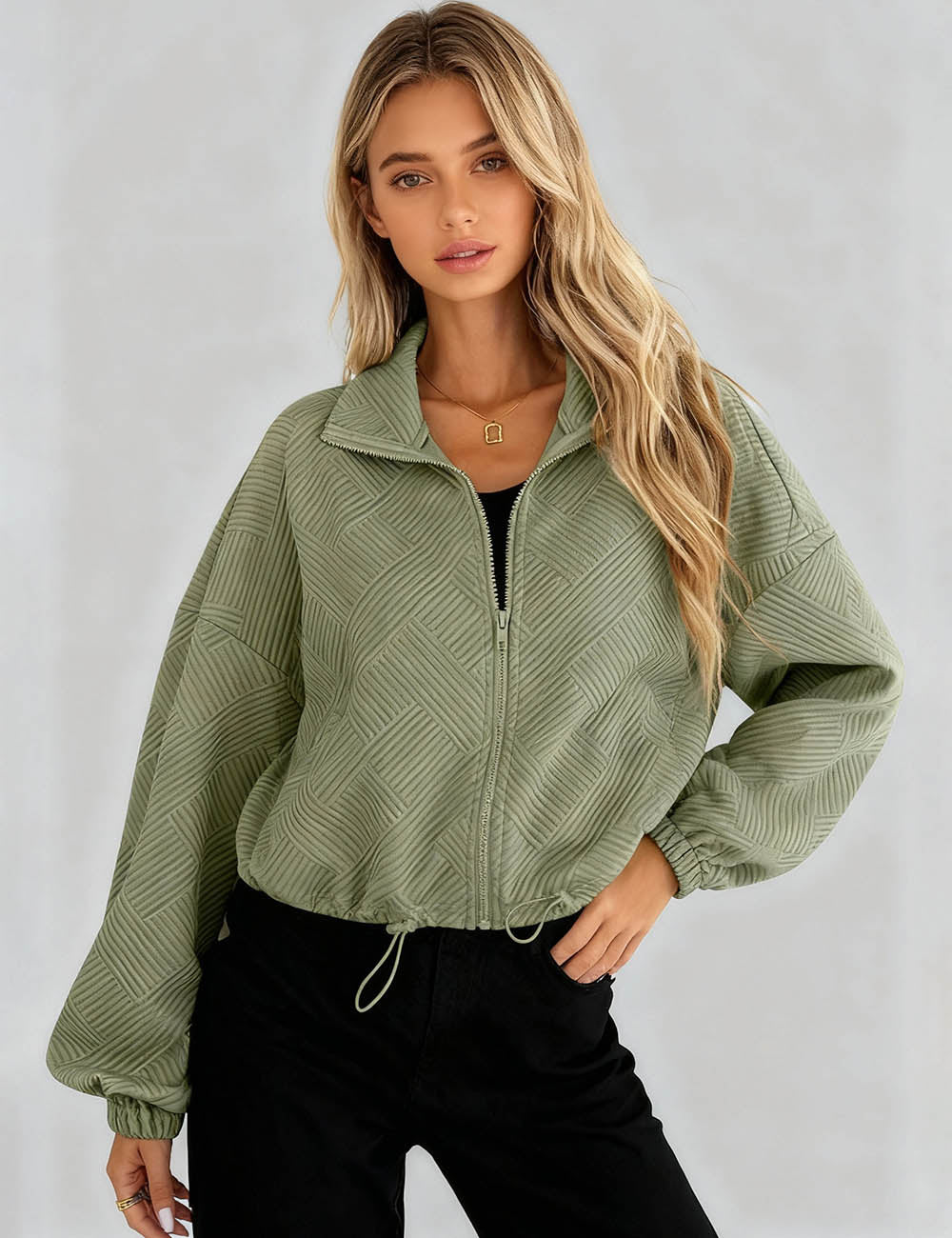 Ladies Lapel Collar Zipper Front Drawstring Hem Jacket