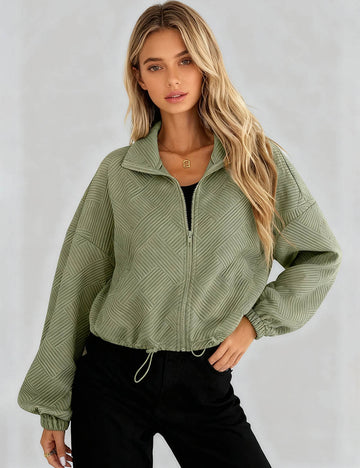 Ladies Lapel Collar Zipper Front Drawstring Hem Jacket