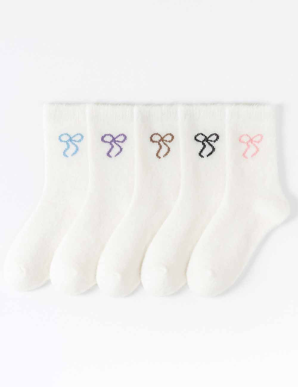 Ladies Fuzzy Cozy Bow Embroidery Midi Calf Socks