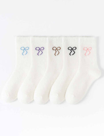 Ladies Fuzzy Cozy Bow Embroidery Midi Calf Socks