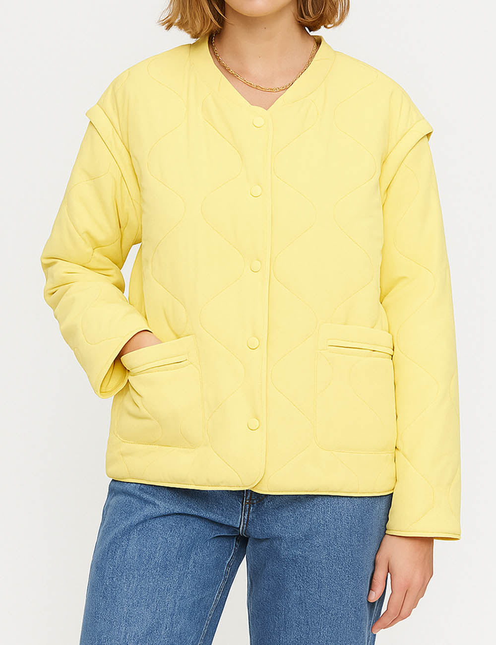 Ladies Solid Color Button Front Quilted Cotton Padded Jacket