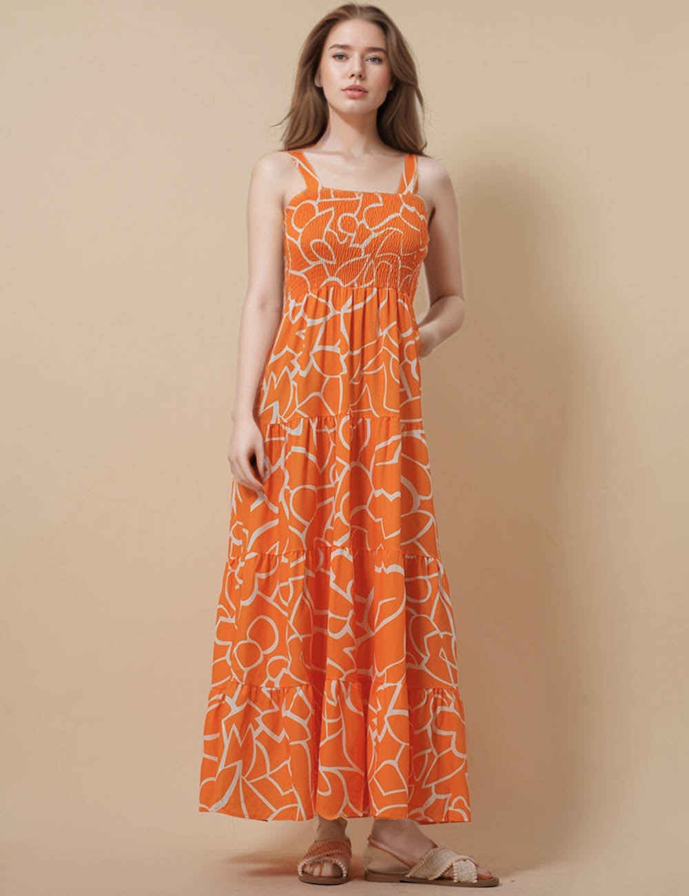 Ladies Geometry Print Back Smocking Midi Dress SKD51117
