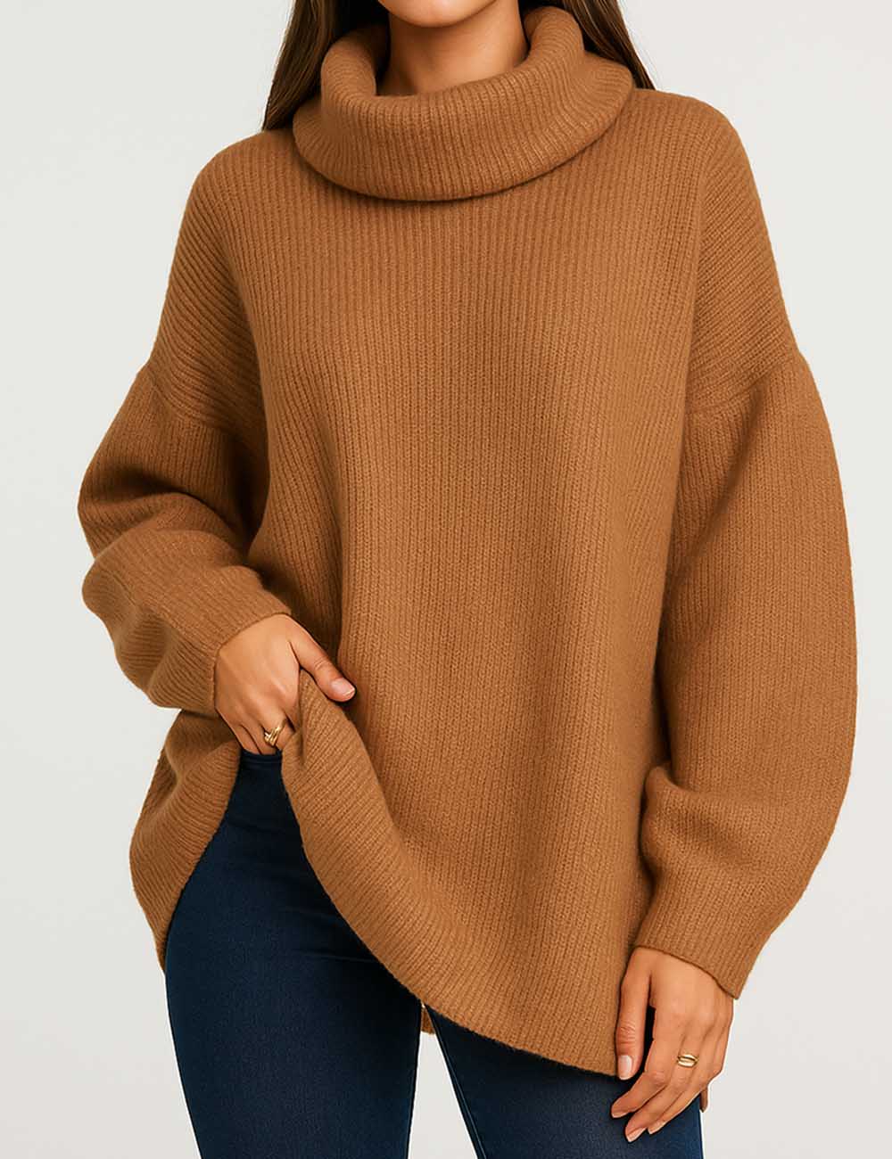 Ladies Solid Color Turtle Neck Long Sleeves Sweater