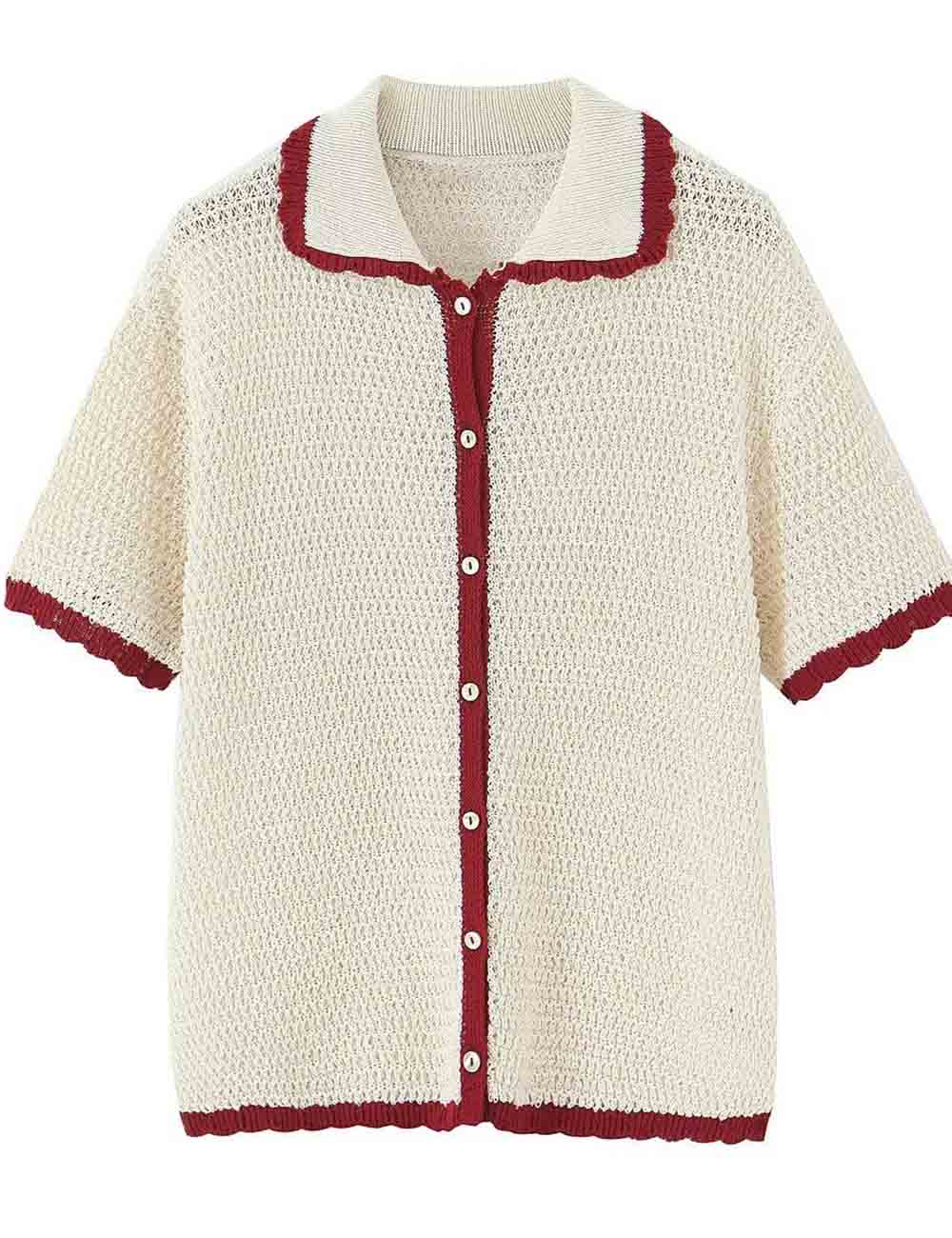 Ladies Constract Color Polo Collar Knit Top & Short Set -明明待发布-小图