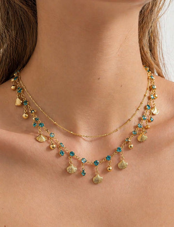 Ladies Sparkle Rhinestone Multi Layer Shell Pendant Beach Necklace