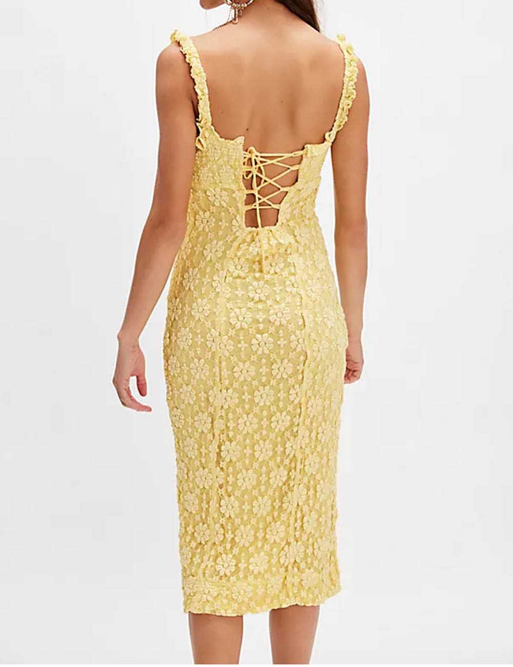 Ladies Floral Lace Strap Shoulder Ruffle Sleeveless Midi Dress