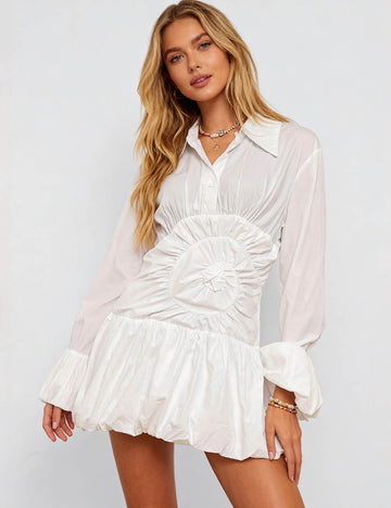 Ladies Shirt Collar Ruched Bubble Hem Mini Dress