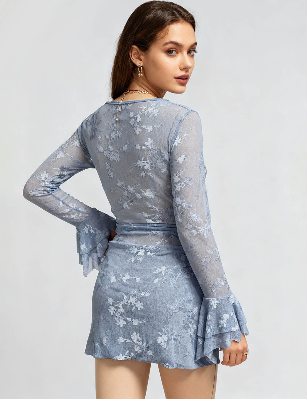 Ladies Floral Print Tie Front Ruched Sheer Bodycon Mini Dress