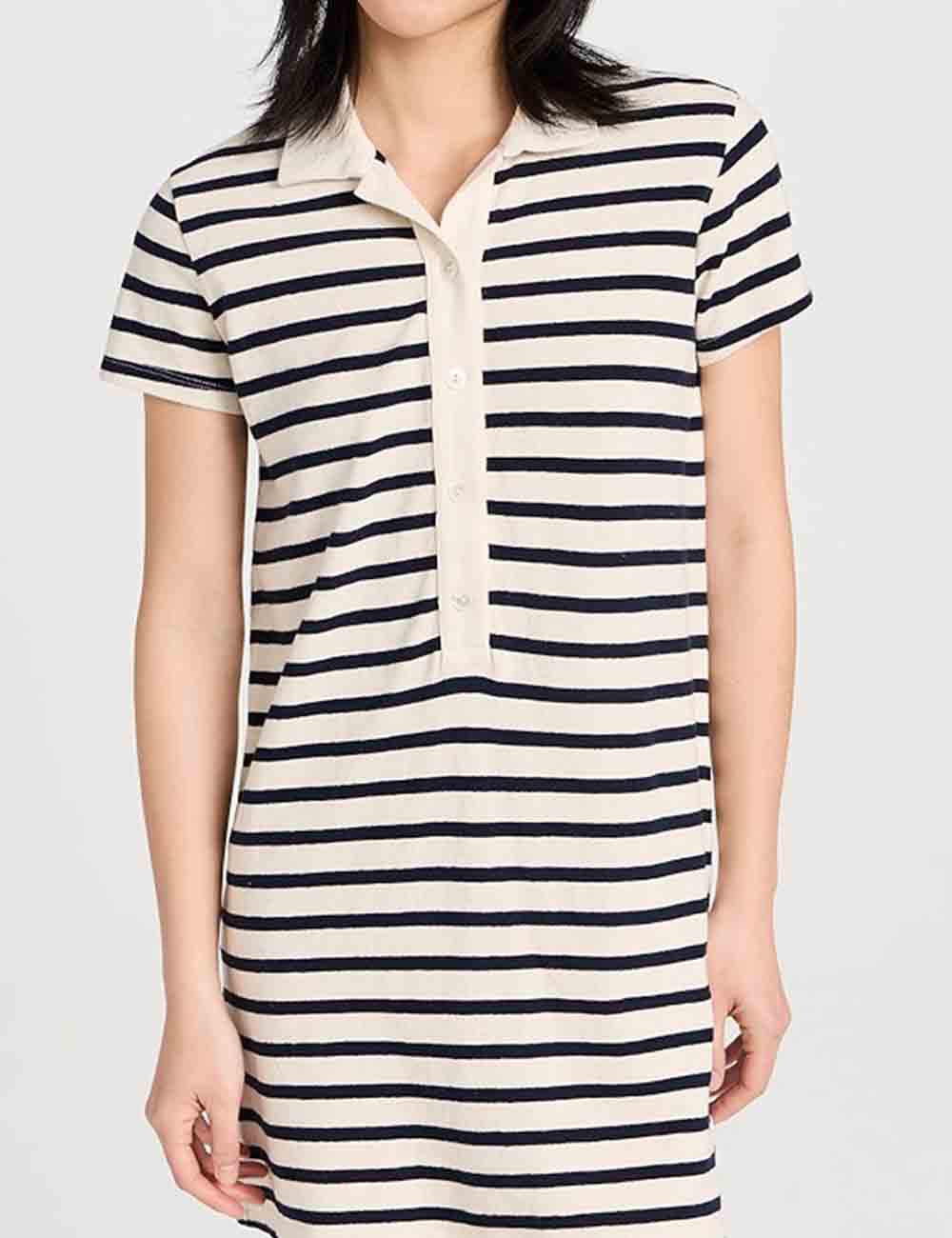 Ladies Striped Polo Collar Short Sleeves Knit Mini Dress