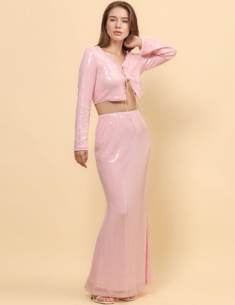 Ladies Shinny Sequin Night Out Top Maxi Skirt Set SKD4921