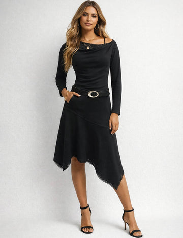 Ladies Irregular Cowl Neck Long Sleeves Top & Midi Skirt Set